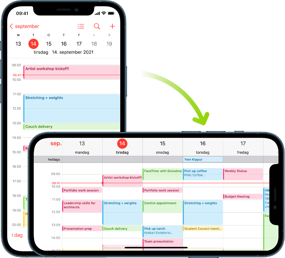 I bakgrunnen viser iPhone en Kalender-skjerm, med én dags hendelser i stående retning; i forgrunnen er iPhone snudd i liggende retning, med Kalender-hendelser for hele den aktuelle uken.