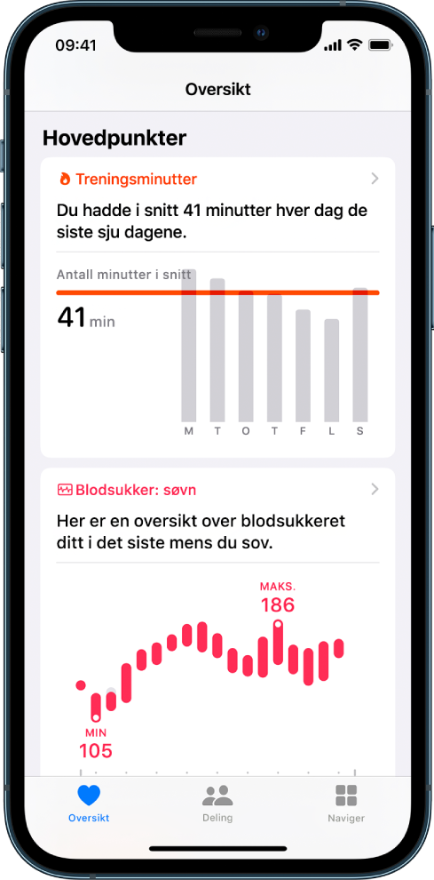 En Oversikt-skjerm, som viser hovedpunkter for treningsminutter og blodsukker under søvn.