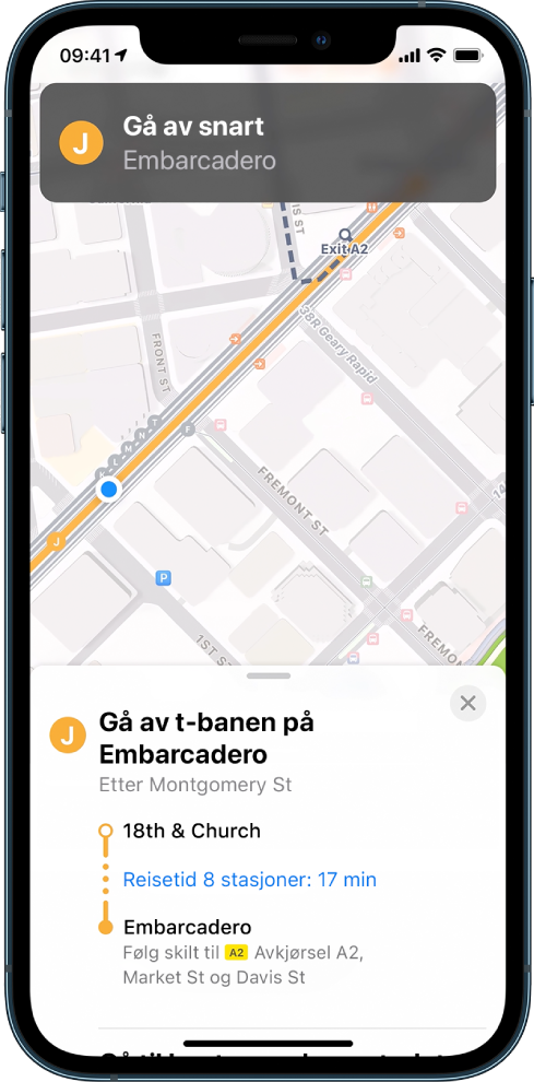 Et kart viser veibeskrivelser for kollektivtransport og en varsling for å avslutte snart.