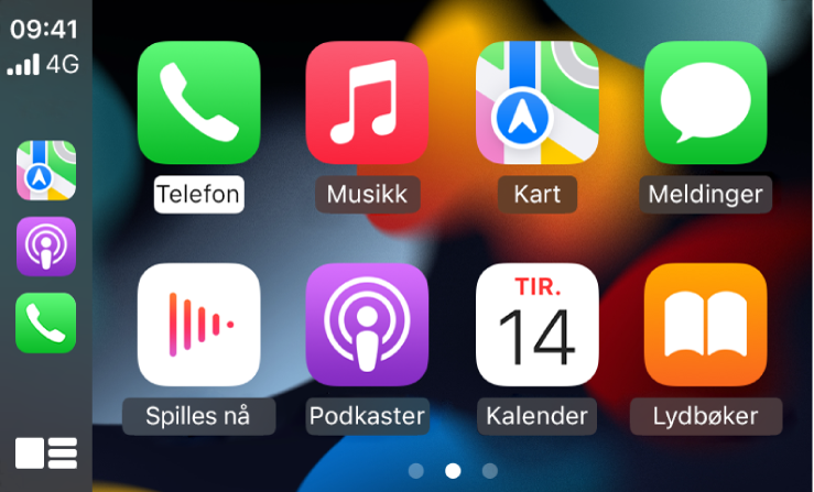 Hjem-skjermen på CarPlay som viser symboler for Telefon, Musikk, Kart, Meldinger, Spilles nå, Podkaster, Lydbøker og Kalender.