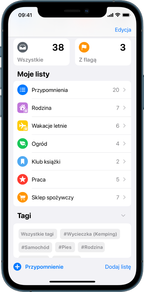 Ekran aplikacji Przypomnienia, zawierający kilka list przypomnień. Na dole widoczna jest przeglądarka tagów.