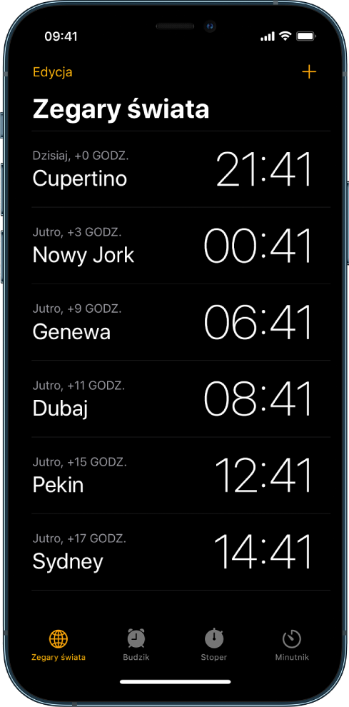 Karta Zegary świata, pokazująca czas w różnych miastach. W lewym górnym rogu widoczny jest przycisk Edycja, który pozwala na zmienianie kolejności i usuwanie zegarów. W prawym górnym rogu widoczny jest przycisk Dodaj, który pozwala na dodawanie kolejnych zegarów. Na dole znajdują się przyciski Zegary świata, Budzik, Stoper i Minutnik.