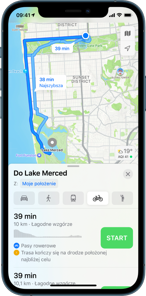 Mapa przedstawiająca dwie trasy przejazdu rowerem. Widoczna na dole karta trasy zawiera szczegóły pierwszej trasy, obejmujące szacowany czas, zmianę wysokości oraz typy dróg. Obok trasy widoczny jest przycisk Start.