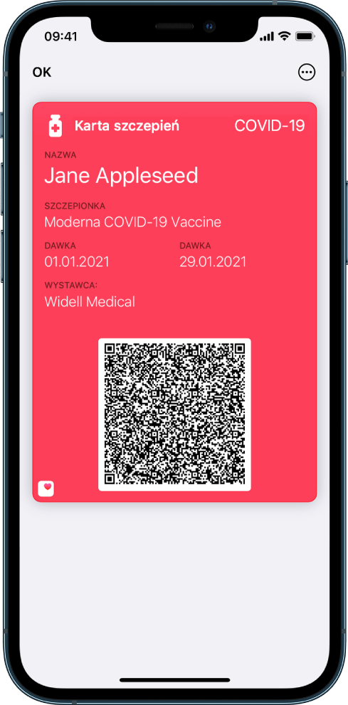 Karta szczepień na ekranie aplikacji Portfel.