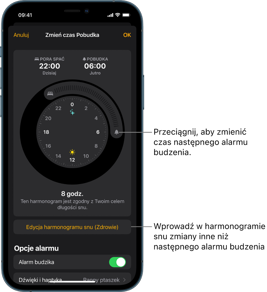 Ekran zmiany alarmu budzika zawierający przyciski do przeciągania czasu Pora spać i czasu Pobudka, przycisk zmiany harmonogramu snu w aplikacji Zdrowie oraz przycisk pozwalający włączać i wyłączać alarm budzika.