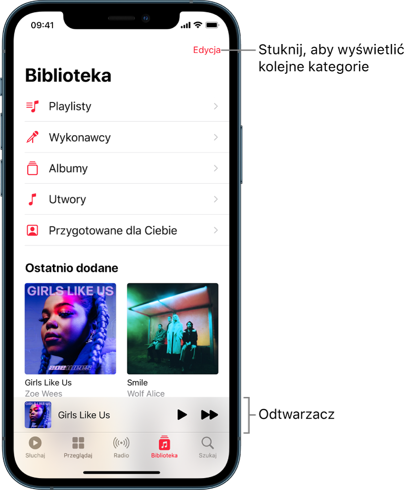 Ekran Biblioteka zawierający listę kategorii, w tym Playlisty, Wykonawcy, Albumy i Utwory. Pod listą znajduje się nagłówek Ostatnio dodane. Odtwarzacz wyświetlający tytuł bieżącego utworu; na dole znajdują się przyciski odtwarzania i przejścia do następnego utworu.