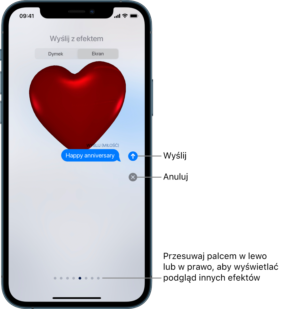 Wiadomość z podglądem efektu pełnoekranowego Czerwone serce.