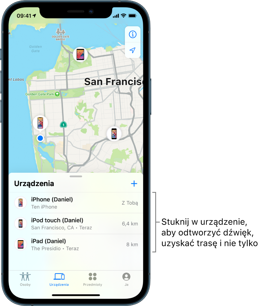 Lista Urządzenia w aplikacji Znajdź. Lista Urządzenia zawiera trzy pozycje: jest to iPhone, iPod touch oraz iPad należące do tej samej osoby. Ich położenie jest wyświetlane na mapie San Francisco.