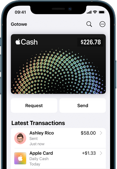 Karta Apple Cash w aplikacji Portfel; w prawym górnym rogu znajduje się przycisk Więcej, na środku przyciski Poproś i Wyślij, a pod kartą — lista ostatnich transakcji.