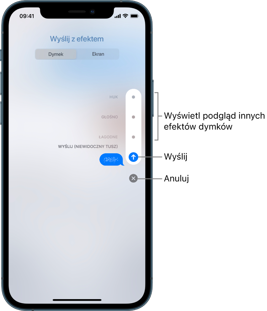Podgląd wiadomości wysłanej z efektem niewidocznego tuszu. Aby wyświetlić podgląd innych efektów dymków, stuknij w symbol znajdujący się po prawej stronie. Aby wysłać efekt, stuknij ponownie w symbol. Możesz także stuknąć w przycisk anulowania i wrócić do wiadomości.