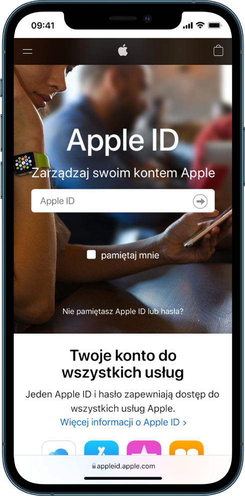 Wyświetlany w Safari ekran logowania się na koncie Apple ID.