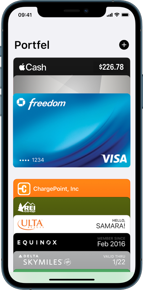 Ekran aplikacji Portfel z górnymi częściami szeregu kart kredytowych, debetowych i innych.