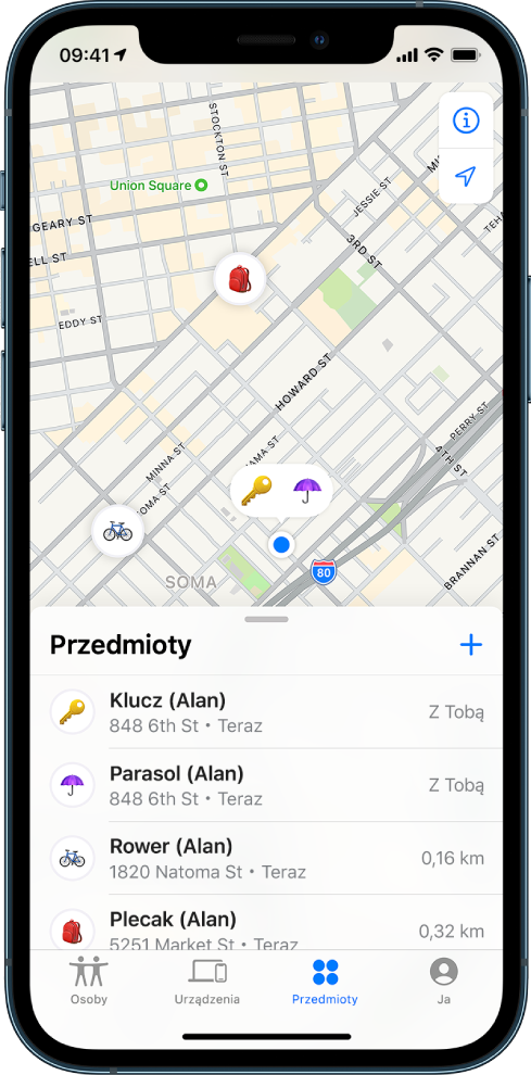 Lista Przedmioty w aplikacji Znajdź. Na liście widoczne są cztery przedmioty: klucze, parasol, rower oraz plecak, należące do tej samej osoby. Ich położenie jest wyświetlane na mapie San Francisco.