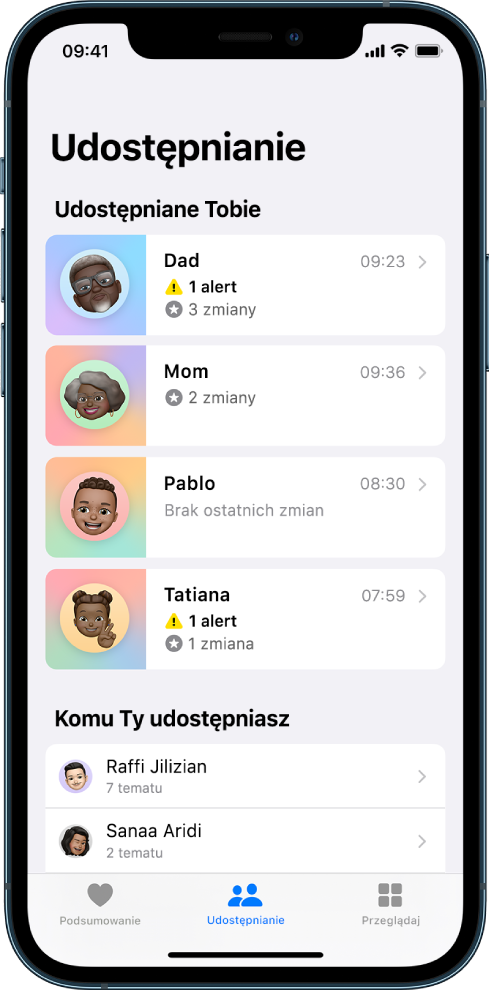 Ekran Udostępnianie, pokazujący cztery osoby udostępniające Ci dane oraz dwie osoby, którym Ty udostępniasz dane.
