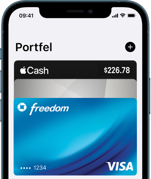Górna połowa ekranu aplikacji Portfel z szeregiem kart kredytowych i debetowych. W prawym górnym rogu znajduje się przycisk dodawania.