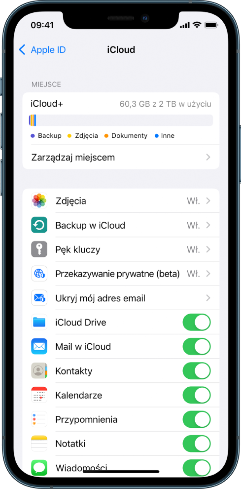 Ekran ustawień iCloud zawierający wskaźnik wykorzystania dostępnego miejsca w iCloud, listę aplikacji i funkcji, na przykład Mail, Kontakty i Wiadomości, których można używać z iCloud.