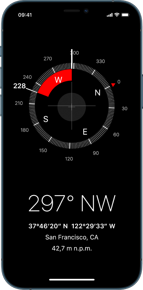 Aplikacja Kompas pokazująca kierunek, w którym iPhone jest skierowany, Twoje bieżące położenie i wysokość nad poziomem morza.