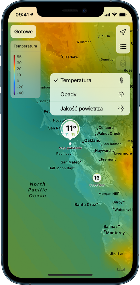 Wypełniająca ekran mapa temperatur w okolicy. W prawym górnym rogu znajdują się przyciski, od góry: Bieżące położenie oraz Ulubione miejsca. Na środku ekranu widoczne jest menu zawierające następujące przyciski do zmiany wyświetlanych informacji: Temperatura, Opady oraz Jakość powietrza. W lewym górnym rogu ekranu znajduje się przycisk Gotowe.