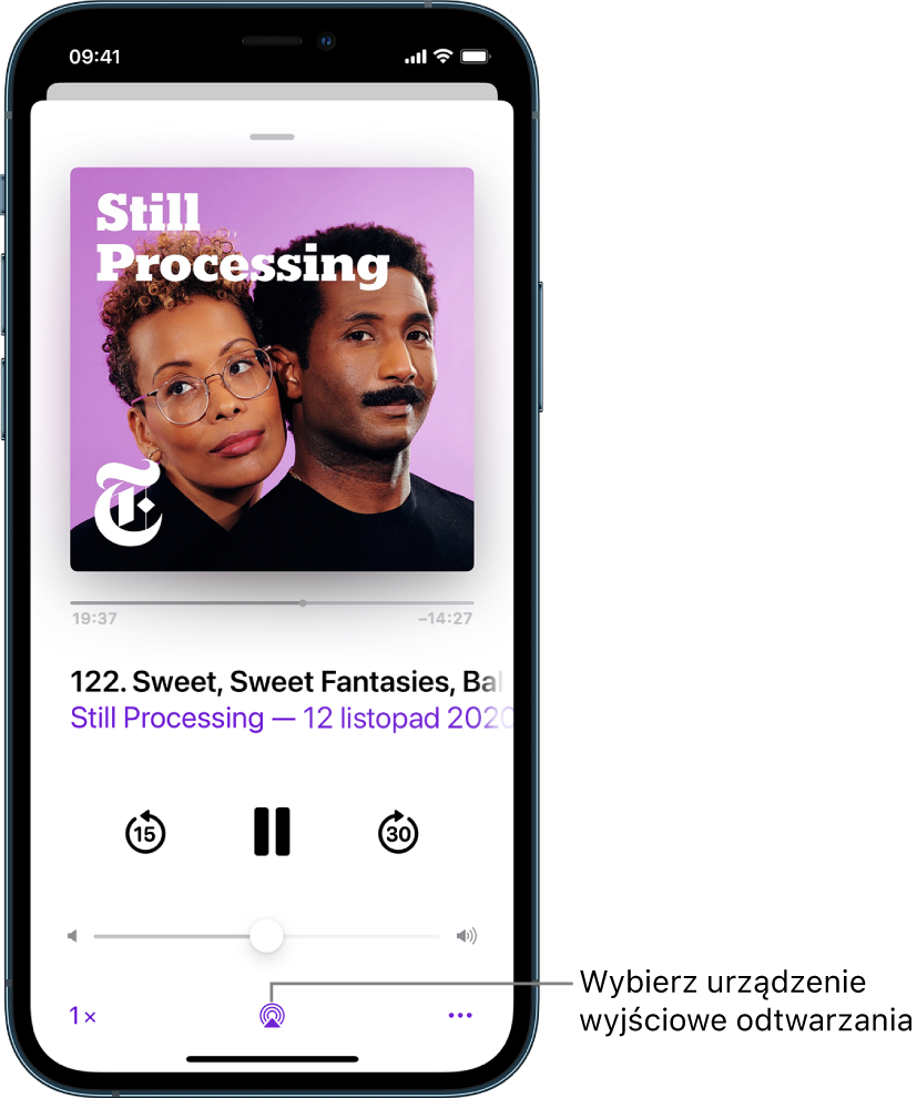 Narzędzia odtwarzania podcastu, w tym widoczny na dole ekranu przycisk urządzenia wyjściowego odtwarzania.