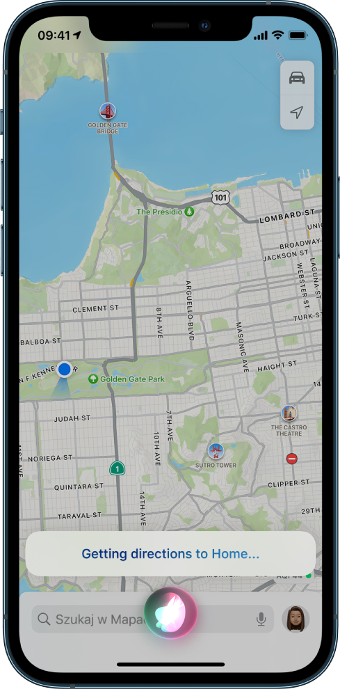 Mapa pokazująca na dole ekranu odpowiedź Siri: gettin dajrekszyns tu houm.
