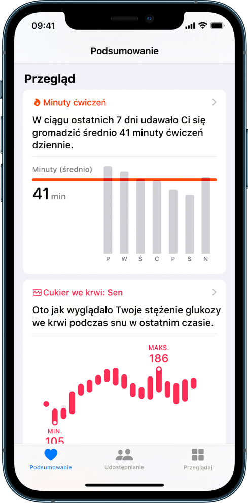 Ekran Podsumowanie wyświetlający przeglądy dotyczące minut ćwiczeń oraz stężenia glukozy we krwi podczas snu.