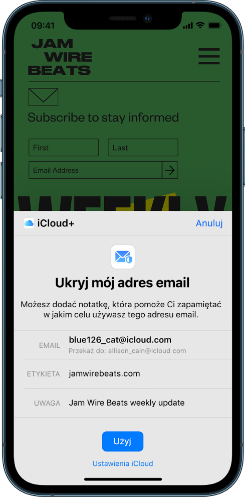 Dolną połowę ekranu zajmuje opcja Ukryj mój adres email (dostępna w pakiecie iCloud+). Wymienione są tam: wygenerowany losowo adres email, adres docelowy przekazywania, etykieta i notatka. Na dole ekranu znajduje się przycisk Użyj oraz łącze do ustawień iCloud.