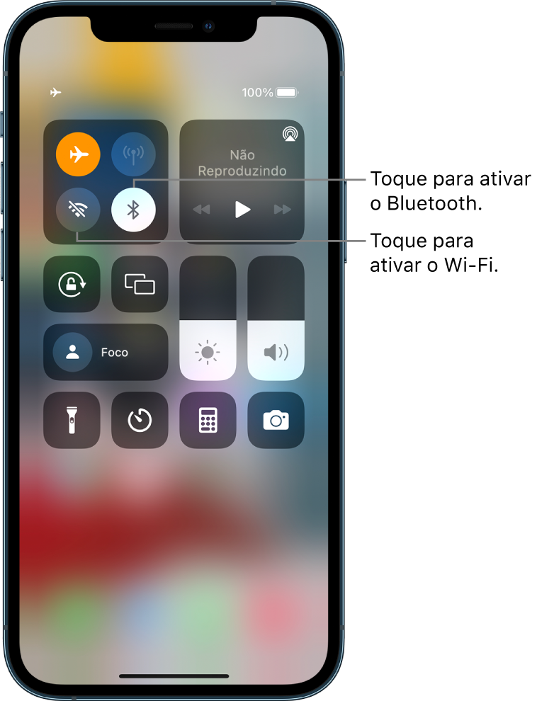 Central de Controle com o modo avião ativado. Os botões para ativação de Wi-Fi e Bluetooth estão próximos ao canto superior esquerdo da Central de Controle.