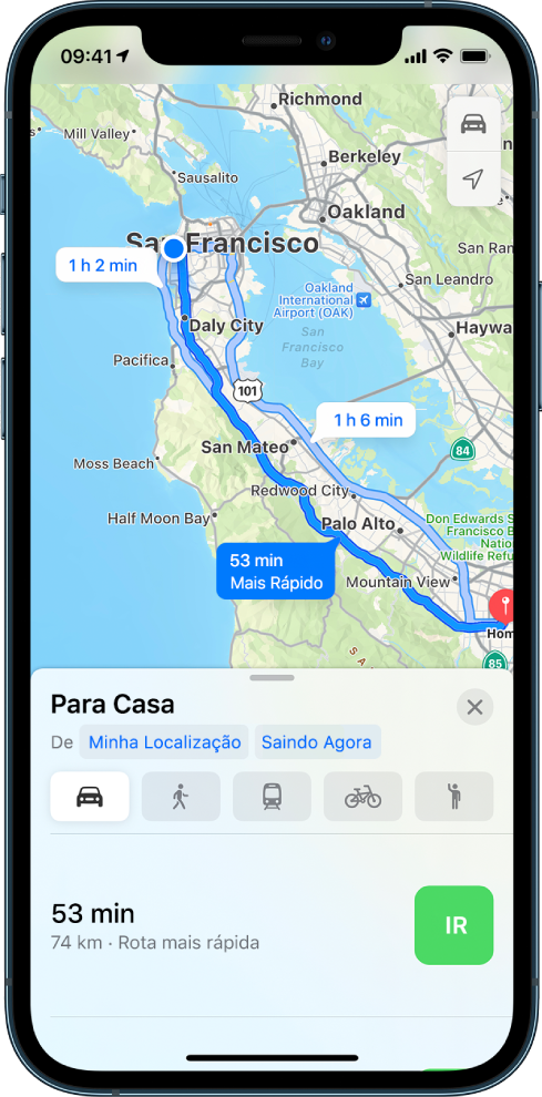 Um mapa de uma rota de carro com o botão Ir na parte inferior direita.