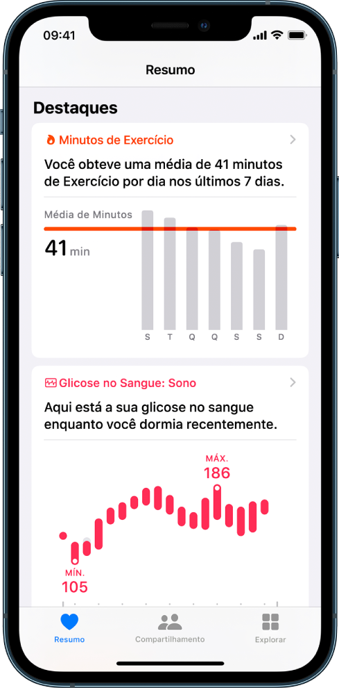 Uma tela Resumo mostrando destaques que incluem minutos de exercício e glicose no sangue durante o sono.