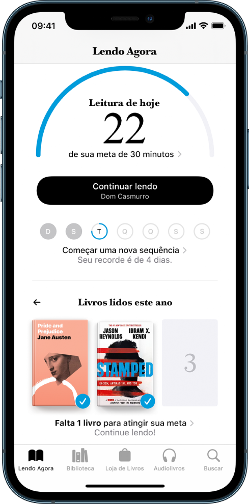 Seção Metas de Leitura em Lendo Agora. O contador de leitura mostra que 10 minutos de uma meta de 20 minutos foram cumpridos. Abaixo do contador, há um botão Continuar Lendo e círculos que mostram os dias da semana, de domingo a sábado. Um contorno azul no círculo indica o progresso da leitura no dia. Na parte inferior da página, encontram-se capas de “Livros Lidos Este Ano”.