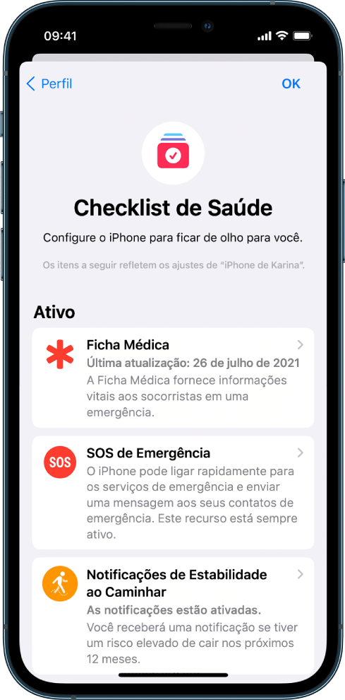 A tela do Checklist de Saúde mostrando que Ficha Médica e SOS de Emergência estão ativados.