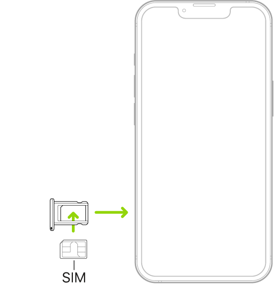 Um SIM sendo inserido na bandeja do iPhone; o canto angulado encontra-se na parte superior esquerda.