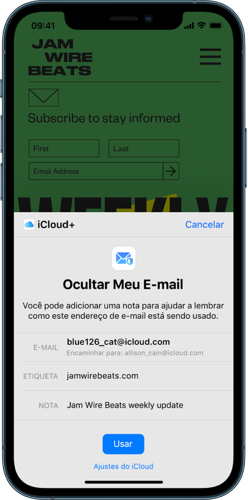 A metade inferior da tela mostra a opção “Ocultar Meu E‑mail” para o iCloud+. Ela lista o e‑mail gerado aleatoriamente, o endereço de encaminhamento, uma etiqueta e uma nota. Na parte inferior da tela, o botão Usar e um link para os ajustes do iCloud.