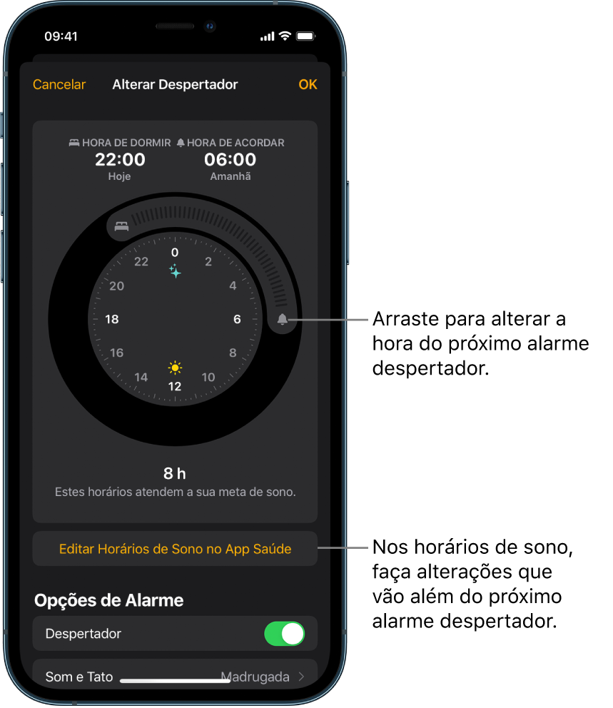 Uma tela para alterar o alarme despertador do dia seguinte, com botões de arrastar para alterar a hora de dormir e a hora de acordar, um botão para alterar os horários de sono no app Saúde e um botão para ativar ou desativar o alarme Despertador.