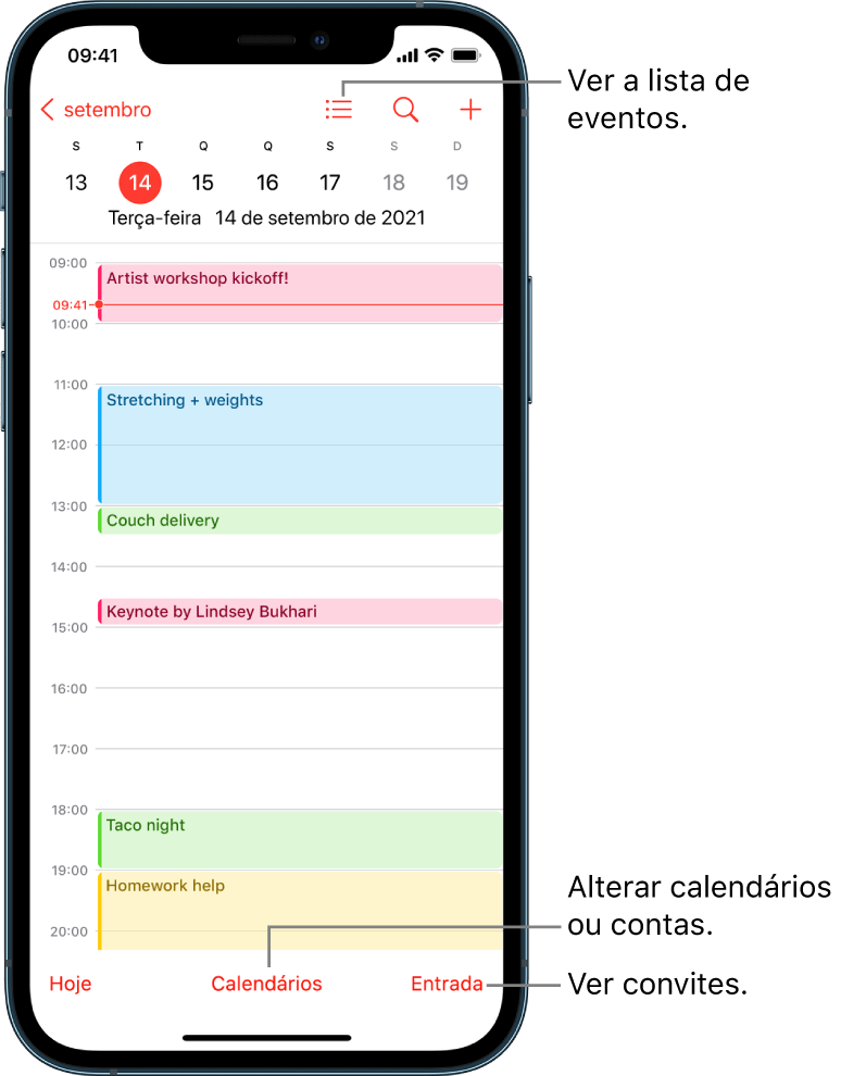 Um calendário na visualização de dia mostrando os eventos do dia. O botão Calendários na parte inferior da tela permite alterar as contas do calendário. O botão Entrada no canto inferior direito permite ver os convites.