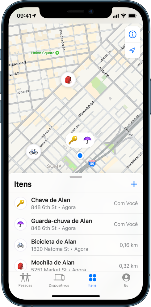 Tela do app Buscar aberto na lista de Itens. Há quatro itens na lista: Chaves de Alan, Guarda-chuva de Alan, Bicicleta de Alan e Mochila de Alan. As localizações deles são mostradas em um mapa de São Francisco.