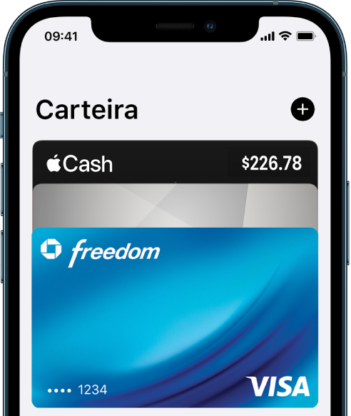 Metade superior da tela do app Carteira, mostrando vários cartões de crédito e débito. O botão Adicionar encontra-se no canto superior direito