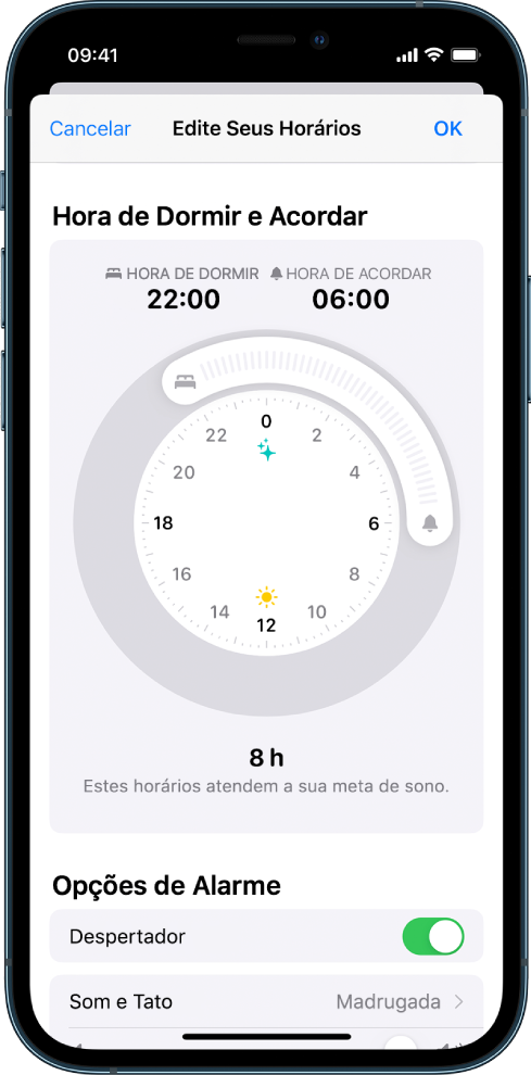 Uma tela mostrando que o horário de sono está ajustado para hoje às 10 da noite e o despertar para as 6 da manhã de amanhã. O alarme despertador está ativado e o som do alarme é “Madrugada”.