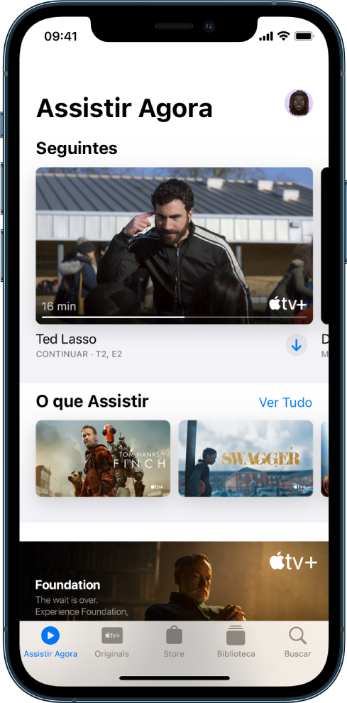 Tela Assistir Agora mostrando botões para Filmes, Programas de TV e Esportes na primeira seção. A seção Seguintes está no centro, acima da seção O que Assistir. Na parte inferior, da esquerda para a direita, estão as abas Assistir Agora, Originals, Biblioteca e Buscar.