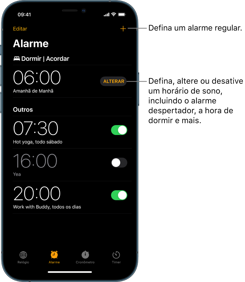 A aba Alarme mostrando quatro alarmes definidos para vários horários, o botão para definir um alarme regular na parte superior à direita e o alarme Despertador com um botão para alterar os horários de sono no app Saúde.