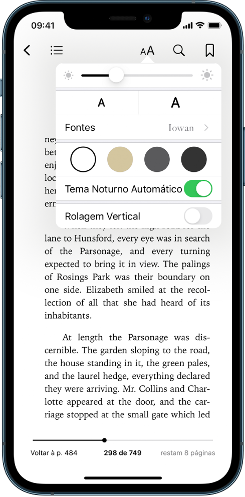 O menu de aparência mostrando, de cima para baixo, os controles de brilho, tamanho da fonte, fonte, cor da página, tema noturno automático e visualizar por rolagem.