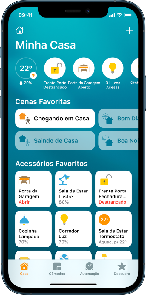 A aba Casa mostrando cenas e acessórios que foram marcados como favoritos. Botões de estado de acessórios também são mostrados. As outras abas na parte inferior são Cômodos e Automação.