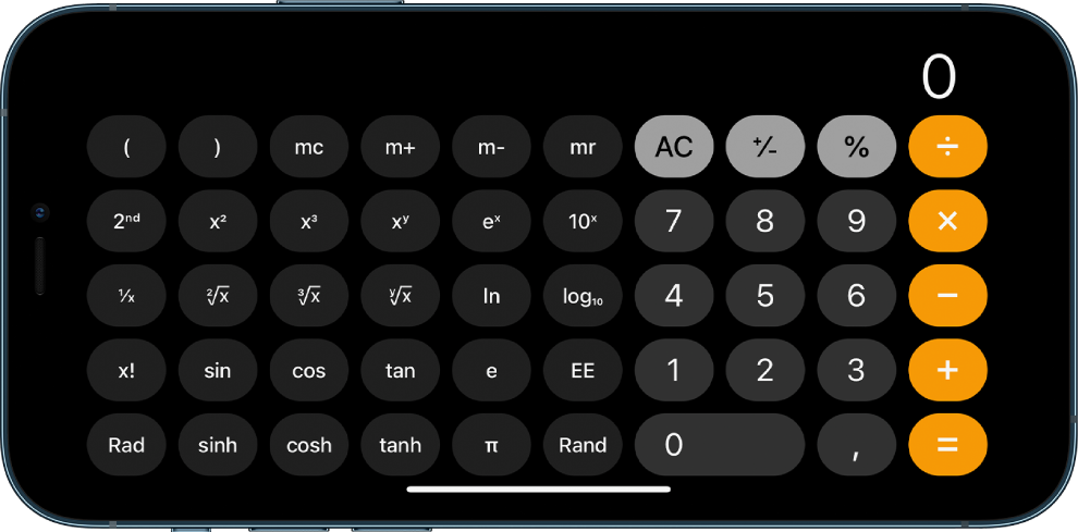 iPhone na orientação horizontal mostrando a calculadora científica com funções exponenciais, logarítmicas e trigonométricas.