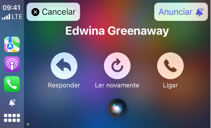Siri mostrando as opções Responder, Ler Novamente e Ligar para uma mensagem de texto nova no CarPlay. Na parte superior esquerda, o botão Cancelar e, na parte superior direita, o botão Anunciar.