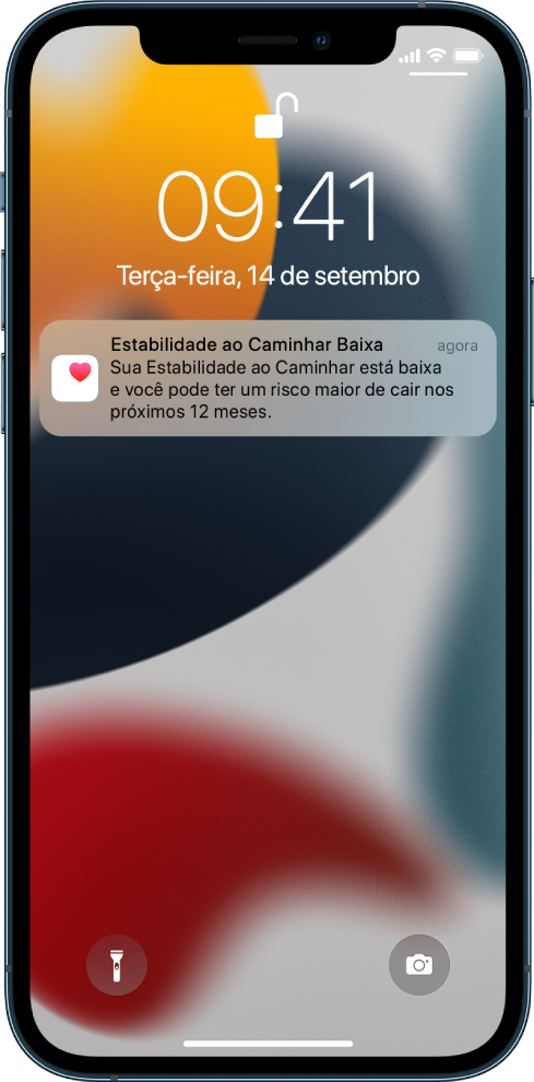 A Tela Bloqueada com uma notificação de Estabilidade ao Caminhar Baixa.