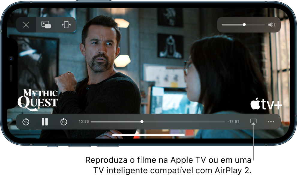 Filme sendo reproduzido na tela do iPhone. Na parte inferior da tela, os controles de reprodução, incluindo o botão AirPlay perto da parte inferior direita.