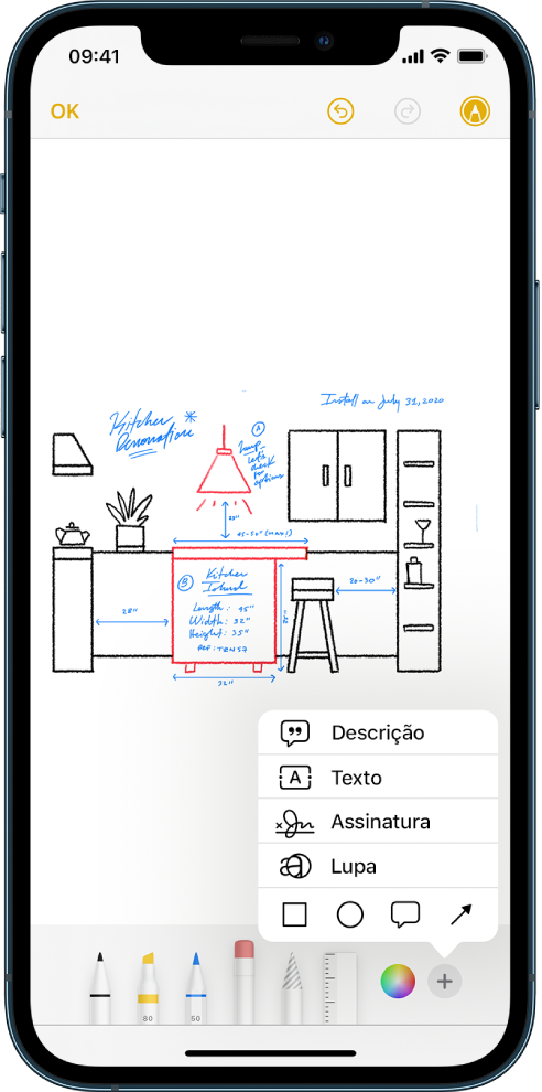 Desenho de uma reforma de cozinha mostrado com as ferramentas de Marcação na parte inferior da tela. Um menu com escolhas para adicionar uma descrição, texto, assinatura, lupa e formas aparece no canto inferior direito.