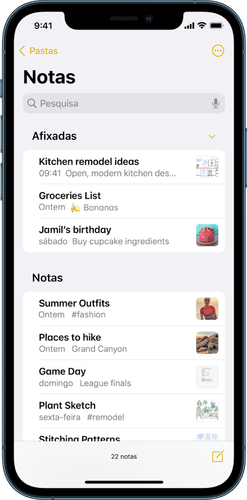 A lista de notas com o campo de pesquisa na parte superior.