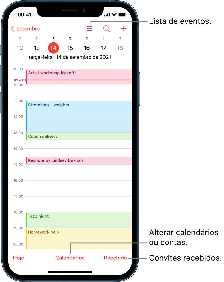 A vista diária de um calendário, com os eventos marcados para esse dia. O botão Calendários na parte inferior do ecrã permite mudar de calendário. O botão Recebido no canto inferior direito permite ver os convites recebidos.