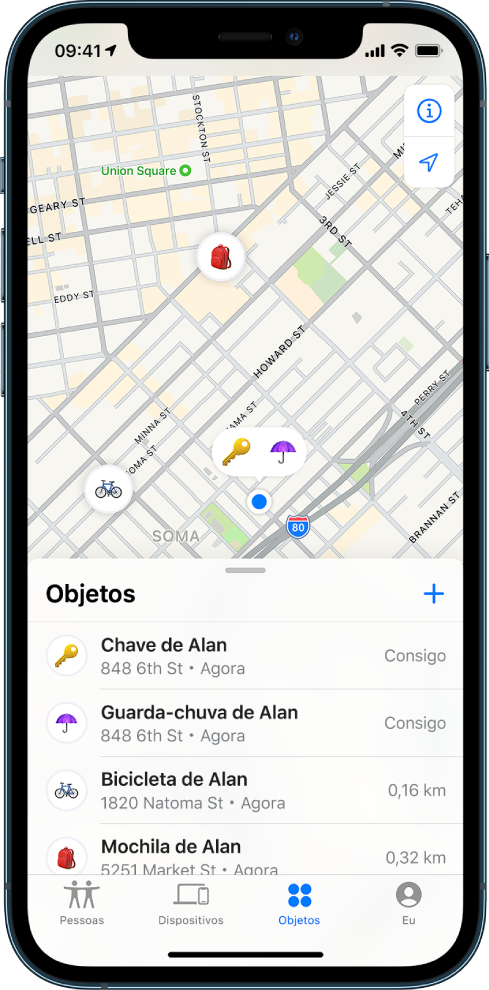 O ecrã de Encontrar, com a lista Objetos aberta. Há quatro elementos na lista: Chaves do Alan, Chapéu de chuva do Alan, Bicicleta do Alan e Mochila do Alan. As localizações são mostradas no mapa de São Francisco.